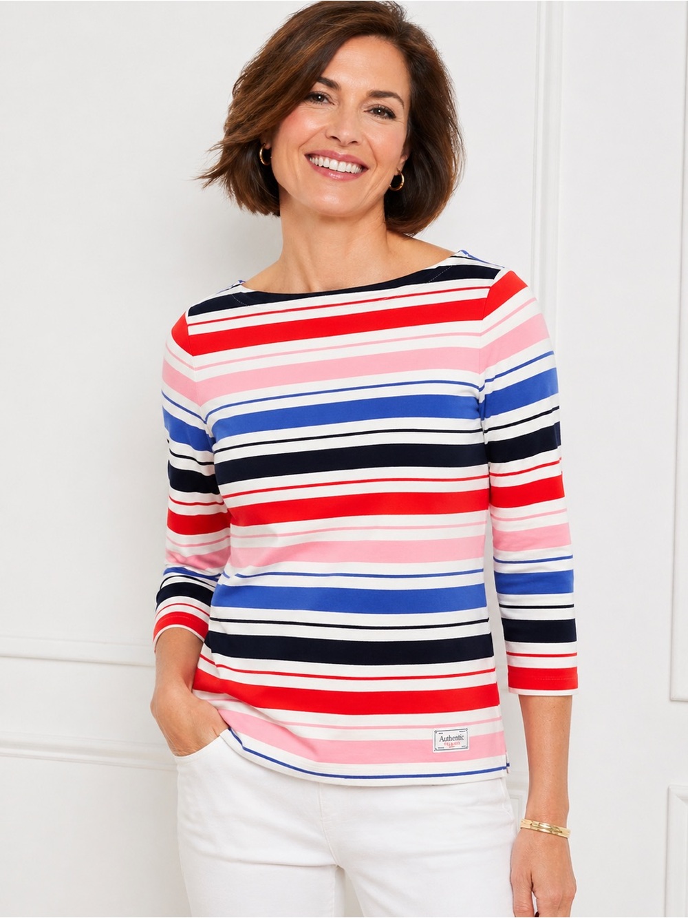 Talbots Authentic 3/4 Sleeve Striped Boatneck Top in Red, Pink & Blue
